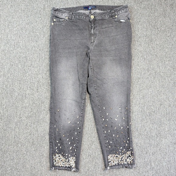 Denim 24/7 Y2K Embellished Cropped Jeans 16W Black Rhinestone Frayed Hem McBling — photo 2